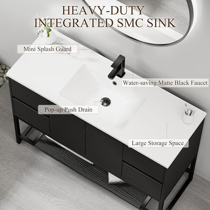 LUCKWIND 48" Modern Bathroom Vanity with Single White Sink Combo, Freestanding Storage Cabinet with Metal Frame, Matte Black Faucet and Open Shelf and 2 Soft-Closing Door, Black