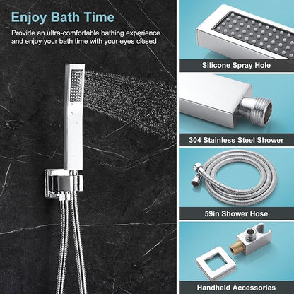 10 Inch Shower Faucet Set, Wall-Mounted Rainfall Shower System with High Pressure Handheld Shower Head, Bathroom Mixer Shower Set Wall Mounted Rough-in Valve and Trim Kit, Polished Chrome