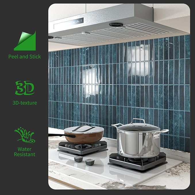 LONGKING 10-Sheet Blue Peel and Stick Backsplash for Kitchen Wall, Kitchen Backsplash Wall Tile, Waterproof Back Splash Stick on Tiles for Bathroom | Peel and stick backsplash, self-adhesive wall tile, Blue, waterproof, kitchen bathroom wall, 10-sheet,...