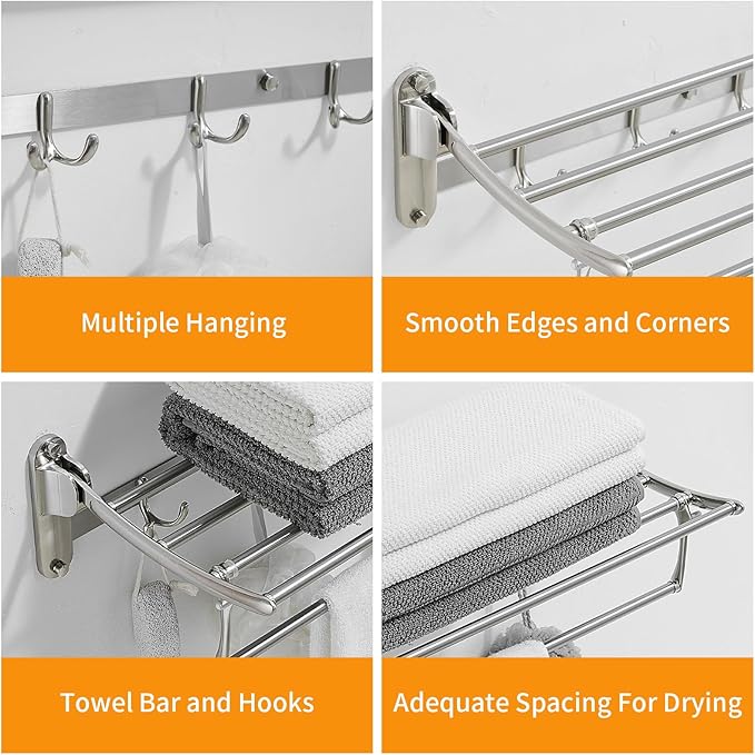 BESy 24 Inch Brushed Nickel Towel Racks, Bathroom Towel Shelf with Foldable Towel Bar Holder and Towel Hooks, Wall Mounted Multifunctional Bathroom Accessories, Double Towel Bars