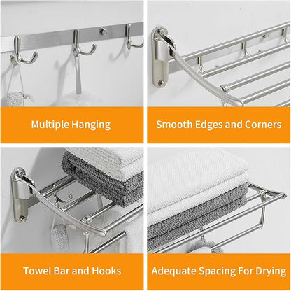 BESy 24 Inch Brushed Nickel Towel Racks, Bathroom Towel Shelf with Foldable Towel Bar Holder and Towel Hooks, Wall Mounted Multifunctional Bathroom Accessories, Double Towel Bars