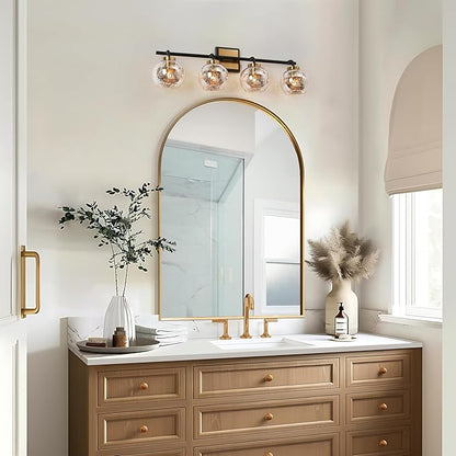 KSANA Black Gold Vanity Light, Modern 4-Light Bathroom Light Fixture with Mercury Glass Shade, Electroplating Brass 29.5”L Globe Vanity Lighting Over Mirror