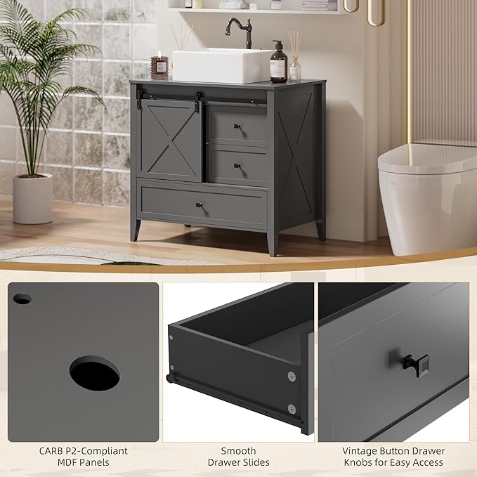 VNN Bathroom Vanity with Sink - 36 Inch Bathroom Vanity with Sink Ceramic, Freestanding Cabinet with Farmhouse Sliding Barn Door and 3 Drawers, Space-Saving Storage Cabinet, Grey