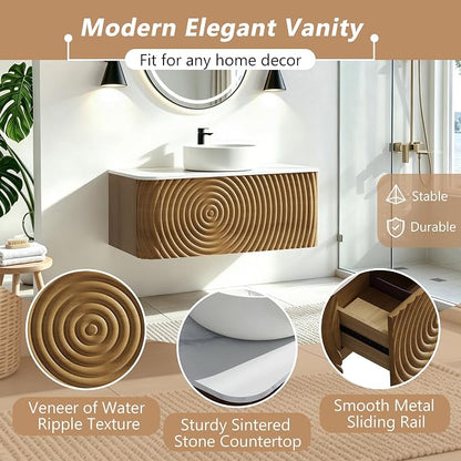 84" Floating Bathroom Vanity with Double Sink, Mid-Century Wall Mounted Bathroom Vanity Cabinet with Wood Waved Decor, Ceramic Vessel Basin, Sintered Stone Top, Soft Close Drawer, Side Open Cube