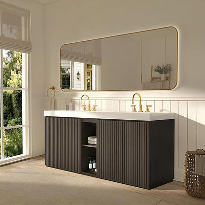 72" Bathroom Vanity with Double Sink, Freestanding Double Sink Bathroom Vanity with White Engineered Stone Top, Open Storage Cabinet & Adjustable Shelf, 4 Soft-Closing Doors, Smoked Oak Brown