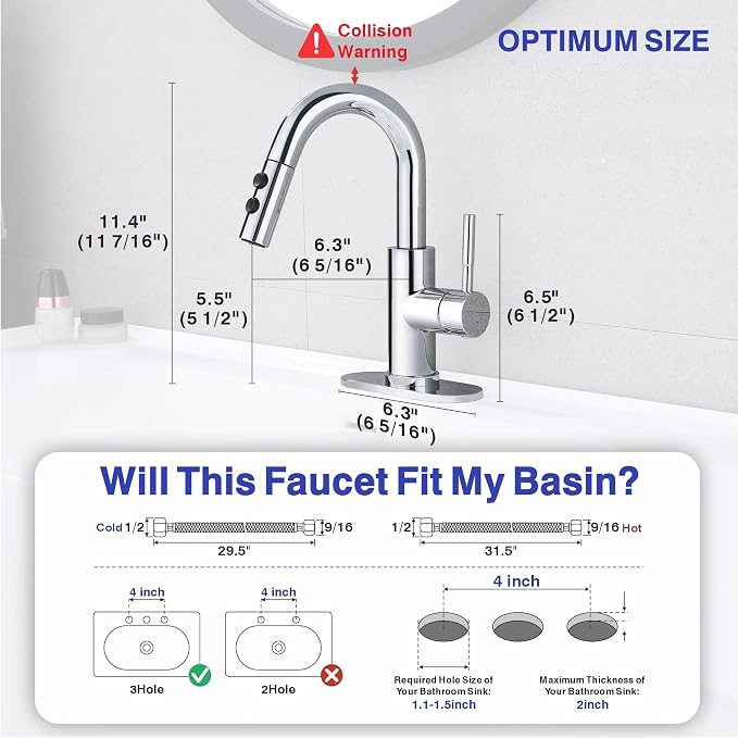 Bathroom Faucet with Sprayer, Chrome Single Hole with Pop-Up Drain | Kablle Single Handle Pull Out 1 or 3 Hole Laundry Bar Basin Faucet with Deck Plate, KBL-7002C-CL