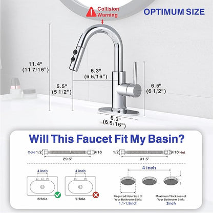 Bathroom Faucet with Sprayer, Chrome Single Hole with Pop-Up Drain | Kablle Single Handle Pull Out 1 or 3 Hole Laundry Bar Basin Faucet with Deck Plate, KBL-7002C-CL