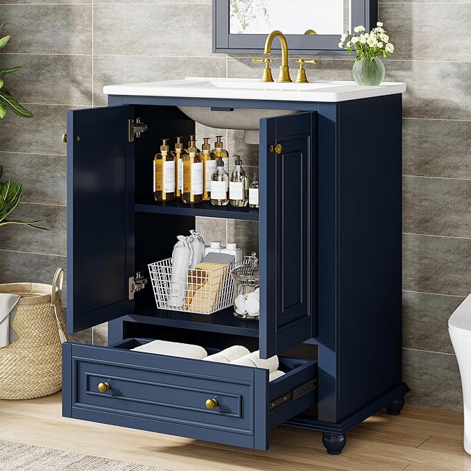 Tribesigns 24" Bathroom Vanity with Ceramic Sink Combo, Freestanding Bathroom Storage Vanity Cabinet with 2 Doors & 1 Drawer, Solid Wooden Frame & Coated Surface, Metal Handle, Navy Blue