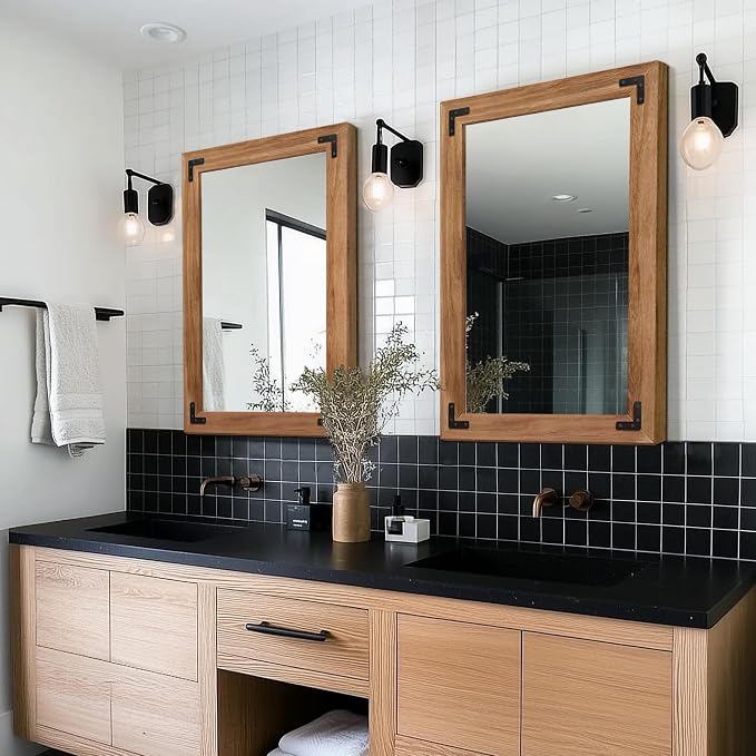 Wood Framed Bathroom Vanity Mirror for Wall, 20"x28" Farmhouse Mirror | Solid Wood Frame, HD Shatterproof Glass, Vertical/Horizontal Hanging, Ideal for Bathroom, Living Room, Bedroom
