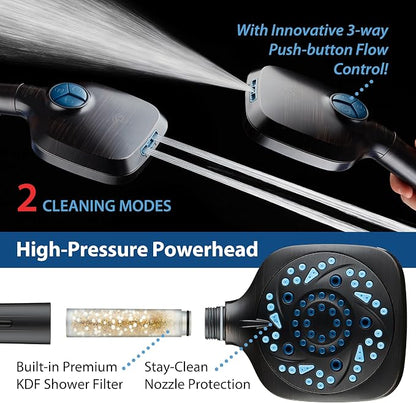 AquaCare High Pressure 10 Spray Mode Filtered Showerhead - Handheld Shower Head Filters Chlorine to Heal Dry Skin, Revive Hair - Dual Power Wash Cleans Tub, Tile, Pets - Hard Water Softener, ORB | Filters Chlorine & Toxins, Softens Hard Water for Healt...