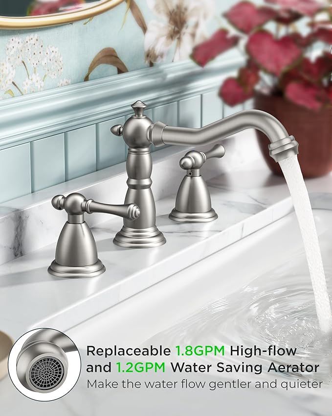 FORIOUS Brushed Nickel Bathroom Sink Faucet 3 Holes, 2 Handle Widepsread Antique Faucet for Bathroom Sink with Pop-Up Drain and Water Supplies for Commercial Vanity Lavatory Restroom Farmhouse