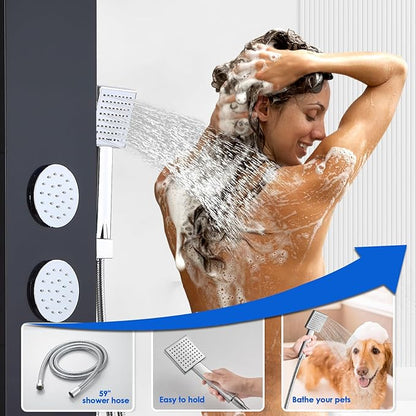 ROVOGO Shower Panel Tower System with Led Lights, 2-Mode Shower Head, 3 Body Jets, Handheld and Tub Spout, 46.5"H x 7.8"W Stainless Steel Shower Column with Mixer Valve, Black