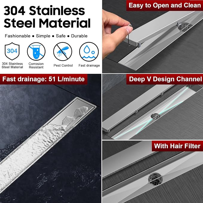 DLONE® Linear Shower Drain - 96 Inch Brushed Nickel, with Tile Insert Panel | AISI 304 Stainless Steel Linear Drain, Rectangle Shower Floor Drain, with Adjustable Feet, Fits Bathroom & Balcony etc