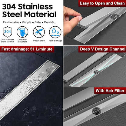 DLONE® Linear Shower Drain - 84 Inch Brushed Nickel, with Tile Insert Panel | AISI 304 Stainless Steel Linear Drain, Rectangle Shower Floor Drain, with Adjustable Feet, Fits Bathroom & Balcony etc