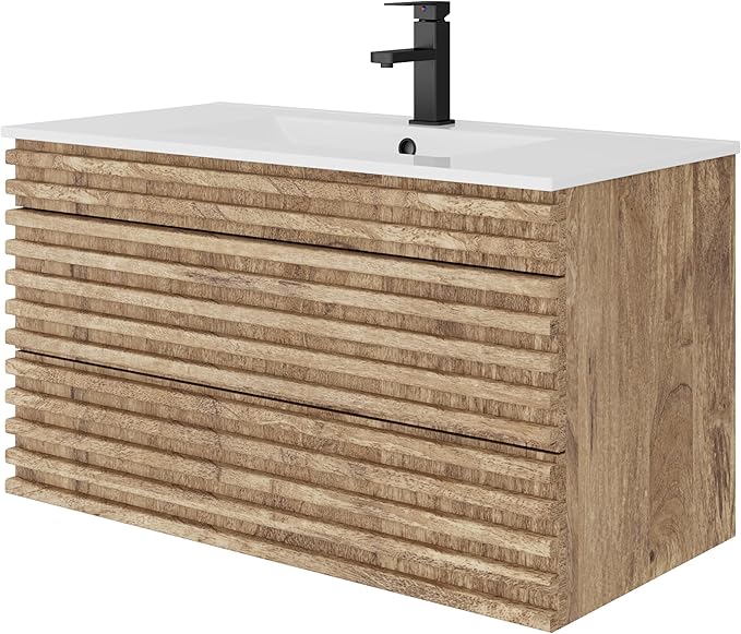 LUCKWIND 36" Floating Bathroom Vanity with Sink, Mid-Century Wall Mounted Big Drawer Cabinet with Large Sink, Water Saving Faucet and Wood Stripes Style, Oak