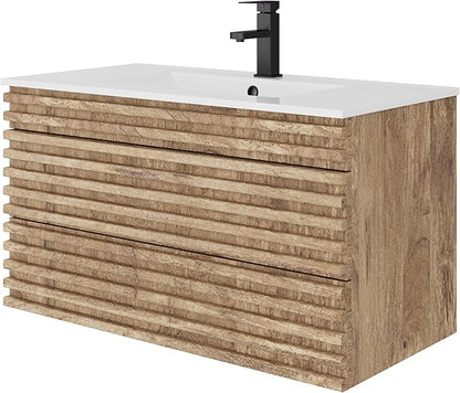 LUCKWIND 36" Floating Bathroom Vanity with Sink, Mid-Century Wall Mounted Big Drawer Cabinet with Large Sink, Water Saving Faucet and Wood Stripes Style, Oak