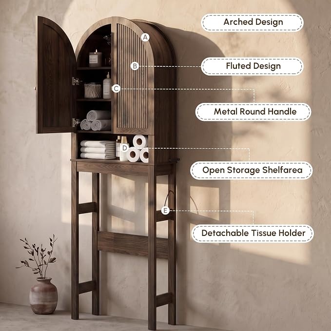 HMstone Over The Toilet Storage Cabinet, Arched Bathroom Organizer and Storage with Doors and Adjustable Shelf, Space-Saving Freestanding Bathroom Modern Storage Cabinet Over Toilet (Walnut)