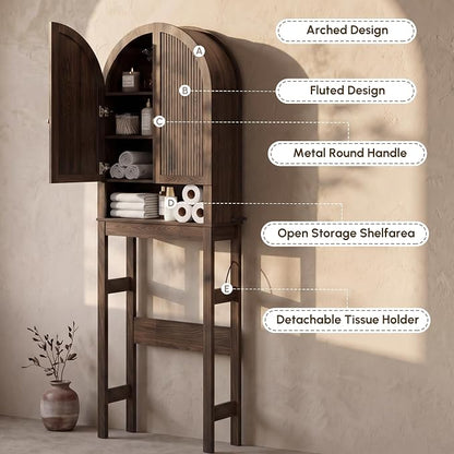 HMstone Over The Toilet Storage Cabinet, Arched Bathroom Organizer and Storage with Doors and Adjustable Shelf, Space-Saving Freestanding Bathroom Modern Storage Cabinet Over Toilet (Walnut)