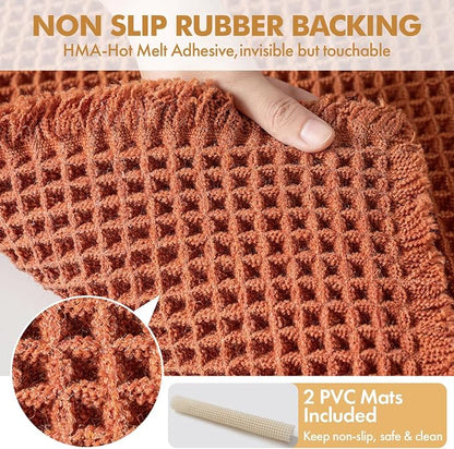 MIULEE Fall Orange Set of 2 Waffle Bathroom Rugs Bath Mat 17"x24"+17"x48" | Non Slip, Super Absorbent, Washable, Ultra Soft, Rubber Backed, Small Boho Bath Rug and Bathroom Runner for Floor Tub Shower