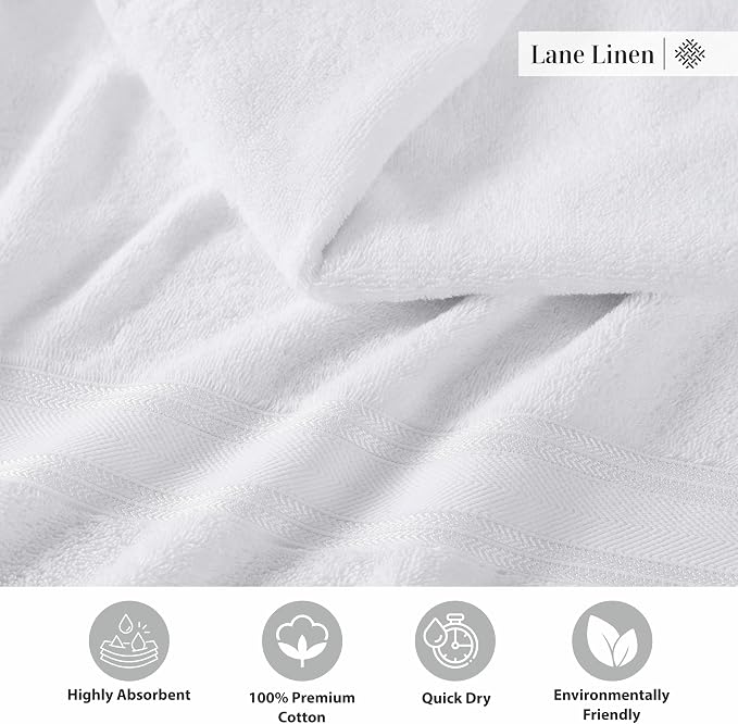 LANE LINEN Bath Towel Set 100% Cotton 3 Piece Soft Absorbent - White | Oeko-Tex Bath Towels - Zero-Twist Cotton, Terry Weave Comfort, Long-Lasting Comfort, Hotel-Style Look, Machine Washable