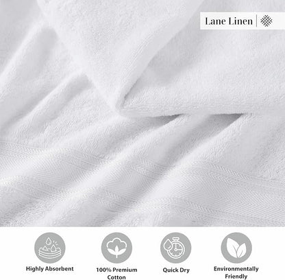 LANE LINEN Bath Towel Set 100% Cotton 3 Piece Soft Absorbent - White | Oeko-Tex Bath Towels - Zero-Twist Cotton, Terry Weave Comfort, Long-Lasting Comfort, Hotel-Style Look, Machine Washable