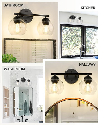 Emak 2-Light Black Bathroom Light Fixtures Over Mirror, Globe Bathroom Vanity Lights with Clear Glass Shade, VL114-BKL-2