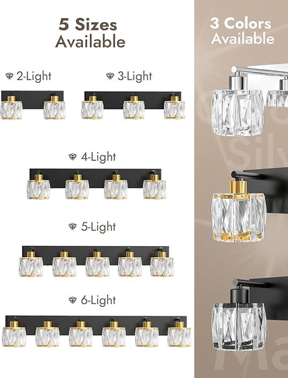 VOLISUN Crystal Vanity Lights for Bathrooms, 4 Light Bathroom Vanity Light, Black and Gold Bathroom Light Over Mirror, Modern Bathrooms Lights Fixtures-UL Certificated(Exclude Bulb)