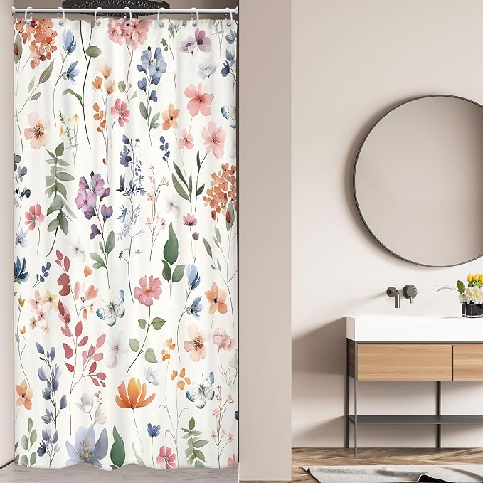 Small Stall Boho Pink Floral Colorful Natural Bathroom Shower Curtain Set | 36"W x 72"H Watercolor Butterfly; waterproof HD print, quick-dry fabric and plastic hooks for easy setup.