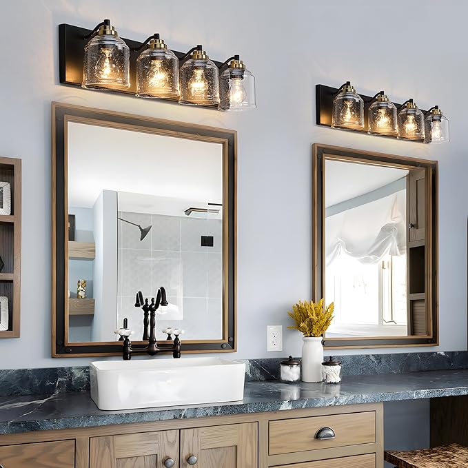 31.5" Large Farmhouse Bathroom Vanity Light,4-Light Black and Gold Metal Vanity Light with Bubble Glass Shades,Rustic Wall Sconce Lighting Fixtures Over Mirror for Barhroom,Kitchen. BD005-4-BG