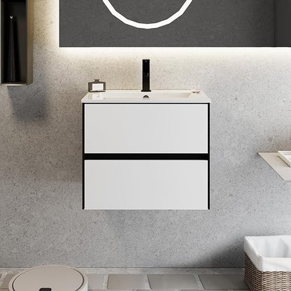 eclife 24" Bathroom Vanity Cabinet with Undermount White Sink Combo, Wall Mounted Floating Bathroom Cabinet with Colors Mixed Style, 2 Big Drawers & Matte Black Faucet