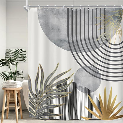 Mid Century Boho Abstract Gray Modern Gold Bathroom Shower Curtain Set | 60Wx72H Sun Arch design, waterproof HD print with fast-drying fabric and 12 hooks.