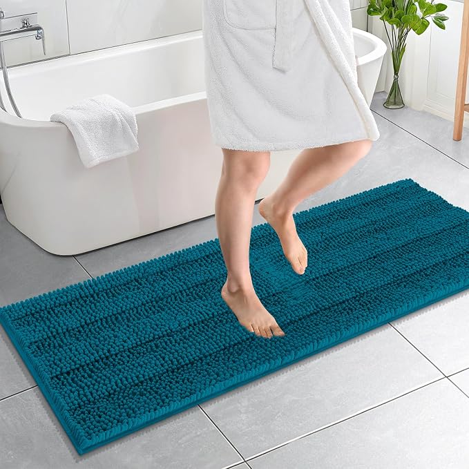 OLANLY Thick Bathroom Runner Rugs 59x20, Chenille Bath Rugs, Peacock Blue | Absorbent Striped, Rubber Backing, Machine Wash, Long Bath Mats for Bathroom Floor, Tub and Shower, Home Decor Accessories