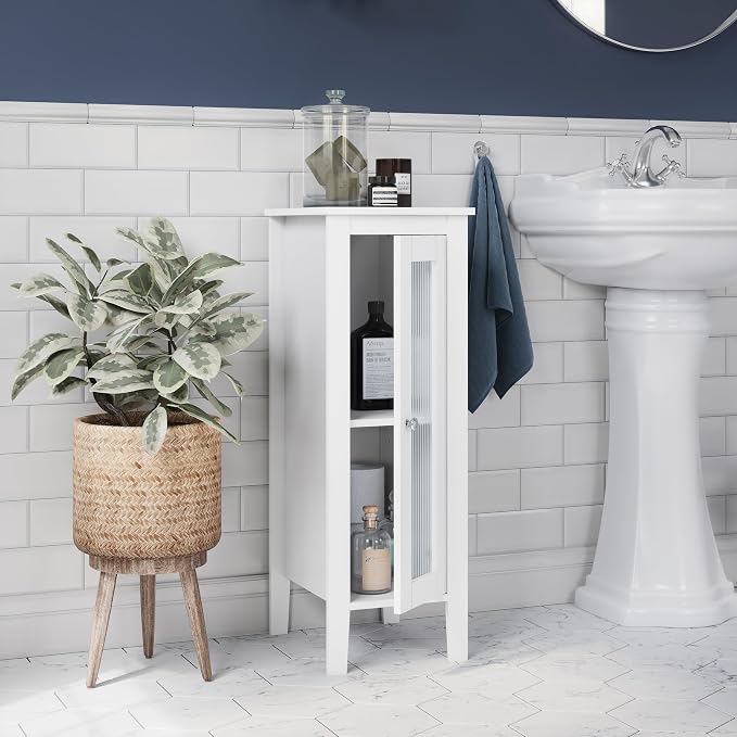 RiverRidge Prescott Slim Bathroom Linen Storage Cabinet, White | Versatile Narrow Organizer with Reeded Glass Door, Adjustable Shelves, Soft-Close Hinges