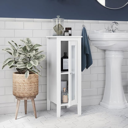 RiverRidge Prescott Slim Bathroom Linen Storage Cabinet, White | Versatile Narrow Organizer with Reeded Glass Door, Adjustable Shelves, Soft-Close Hinges