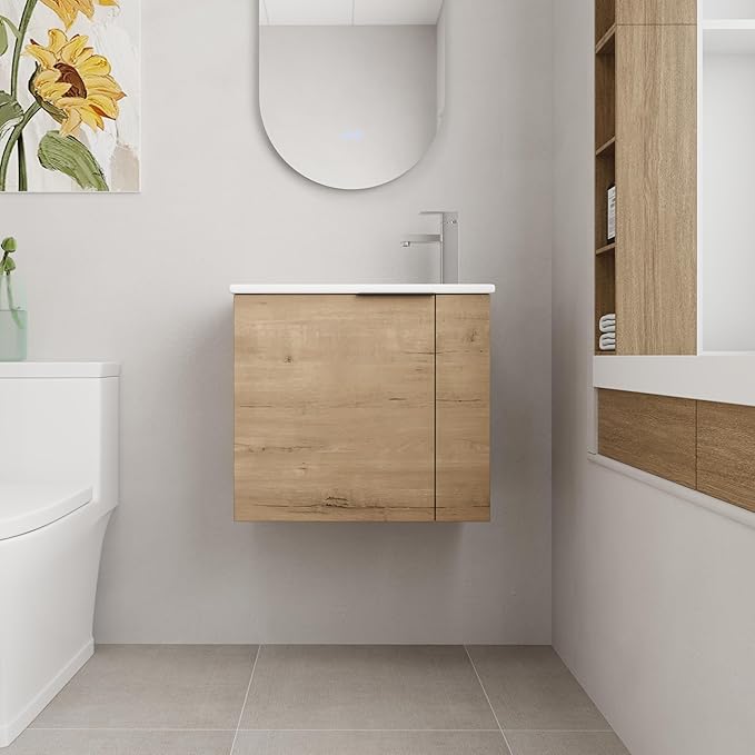 22 Inch Bathroom Vanity with Sink, 22" Wall Mounted Vanity Sink Combo for Small Space, Modern Bathroom Cabinet Set with Ceramic Basin Sink Top and Soft-Closing Door, Imitative Oak