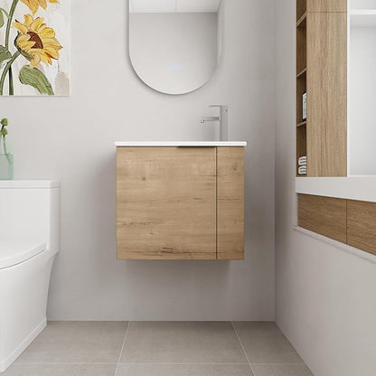 22 Inch Bathroom Vanity with Sink, 22" Wall Mounted Vanity Sink Combo for Small Space, Modern Bathroom Cabinet Set with Ceramic Basin Sink Top and Soft-Closing Door, Imitative Oak