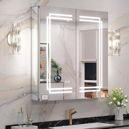 Keonjinn 30 x 32 Inch Lighted Medicine Cabinet with Lights, LED Medicine Cabinet Mirror for Bathroom, Tempered Glass, Adjustable Shelves, No Outlets, 3 Color Temperature, Anti-Fog, Surface Mount Only