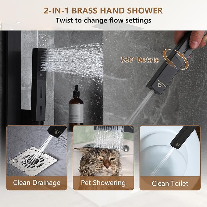 CASAINC 27x16 Inch Thermostatic Shower System Luxury 6 Functions Full Body Shower System with Sliding Rod 2 in 1 Handheld, LED & Music (Matte Black)
