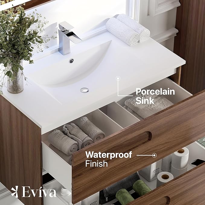 Eviva Joy 32 in. Rosewood Wall MountSingle Sink Bath Vanity with Porcelain Top and Integrated Sink