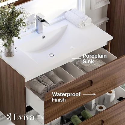 Eviva Joy 32 in. Rosewood Wall MountSingle Sink Bath Vanity with Porcelain Top and Integrated Sink