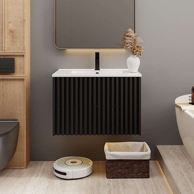 eclife 30" Floating Bathroom Vanity with Sink Combo, Modern Wall Mounted Cabinet with 2 Fluted Drawers, Undermount Sink, Faucet, Drain, Black