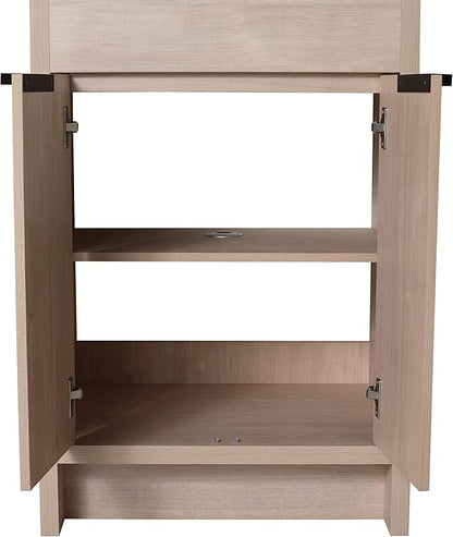 SSLine 24-Inch Bathroom Vanity with Sink Mid-Century Bathroom Vanities with Black Top Basin Floor Wood Bathroom Sink Cabinet with Soft-Close Doors & Adjustable Storage Shelves (Light Oak)