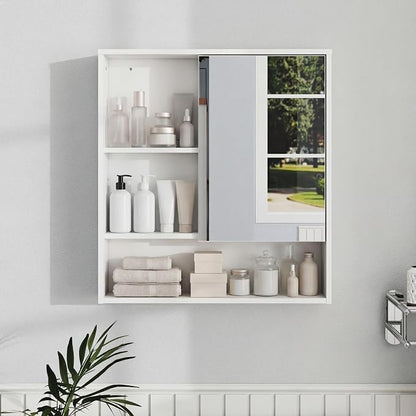 Panana Bathroom Medicine Cabinet with Mirror, Wall Mounted Single Mirror Door Storage Cabinet with 3 Open Compartments, Adjustable Height Shelf, 21.9x5.1x23.6 inch (White)