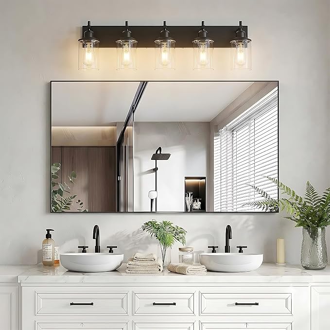 Lanhall 5-Light Black Bathroom Light Fixture Over Mirror Modern Farmhouse Bathroom Vanity Light Vintage Wall Lighting with Clear Glass Shade for Bathroom, Bedroom, Hallway, Cabinet