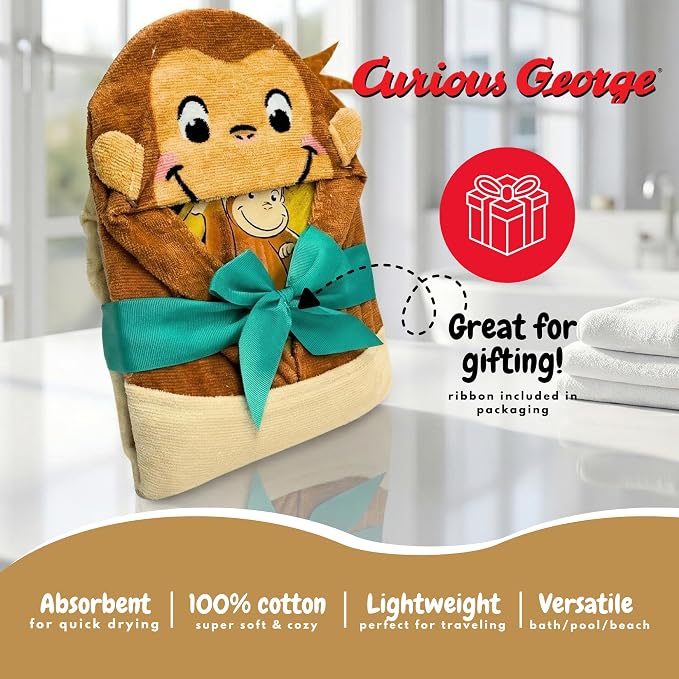 Curious George Monkey Kids Super Soft Bath/Pool/Beach Soft Cotton Terry Hooded Towel Wrap, 24 in x 50 in (100% Officially Licensed Product) By Franco