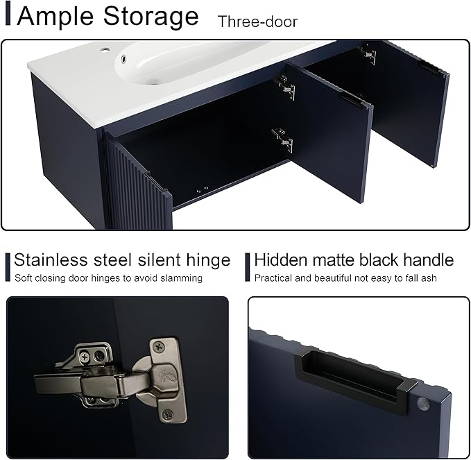 Malwee 48 Inch Floating Bathroom Vanity with Sink, 48'' Single Sink Wall Mounted Bathroom Vanity Como, with 3 Soft Close Doors and White Waterdrop Gel Coat Basin Top, Navy Blue (05848)