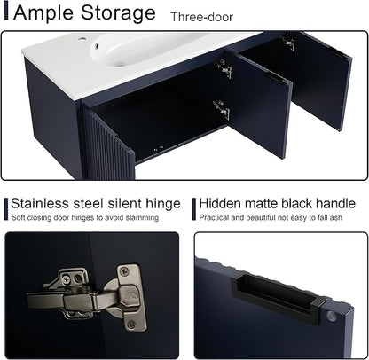 Malwee 48 Inch Floating Bathroom Vanity with Sink, 48'' Single Sink Wall Mounted Bathroom Vanity Como, with 3 Soft Close Doors and White Waterdrop Gel Coat Basin Top, Navy Blue (05848)