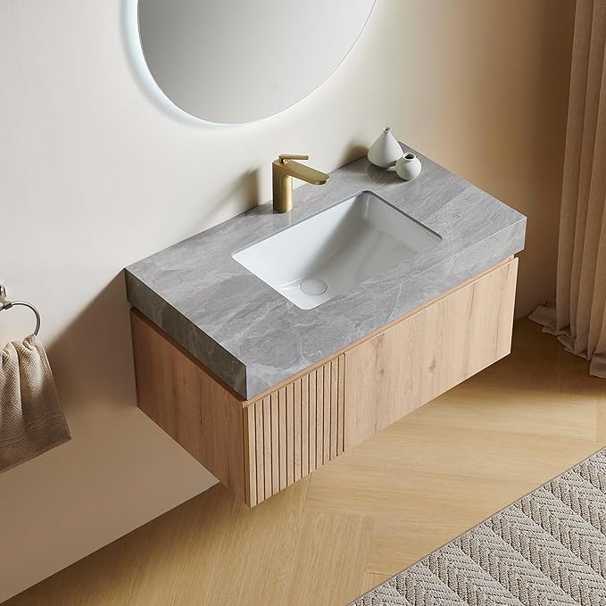 36” Floating Bathroom Vanity with Sink, Wall-Mounted Cabinet with Drawer & Doors, Gray Travertine-Pattern Sintered Stone Top, Undermount Basin, Single Faucet Hole, Soft-Close, Pre-Assembled, Light Oak