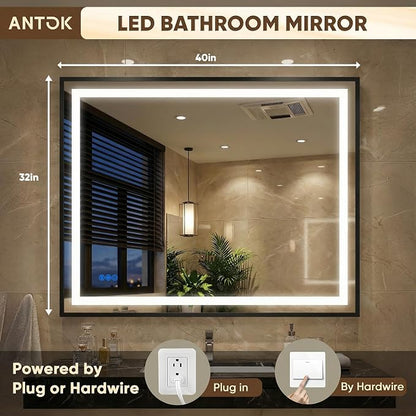Antok 40X32 LED Bathroom Mirror with Lights, Vanity Mirror for Wall with Black Frame, Touch Control, Anti-Fog, Dimmable Lights, Shatter-Proof, Memory Function, Wall-Mounted Vanity Mirrors