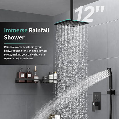SR SUN RISE Ceiling Mounted Shower System with Push Button Diverter, Luxury 12 Inch Rain Shower Head with Handheld Spray, High Pressure Shower Faucet Combo Set with Rough-in Valve, Matte Black